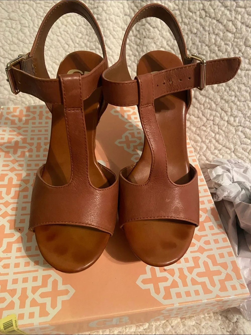 Gianni Bini Brown Platform T-Strap Sandals with Gold Buckle